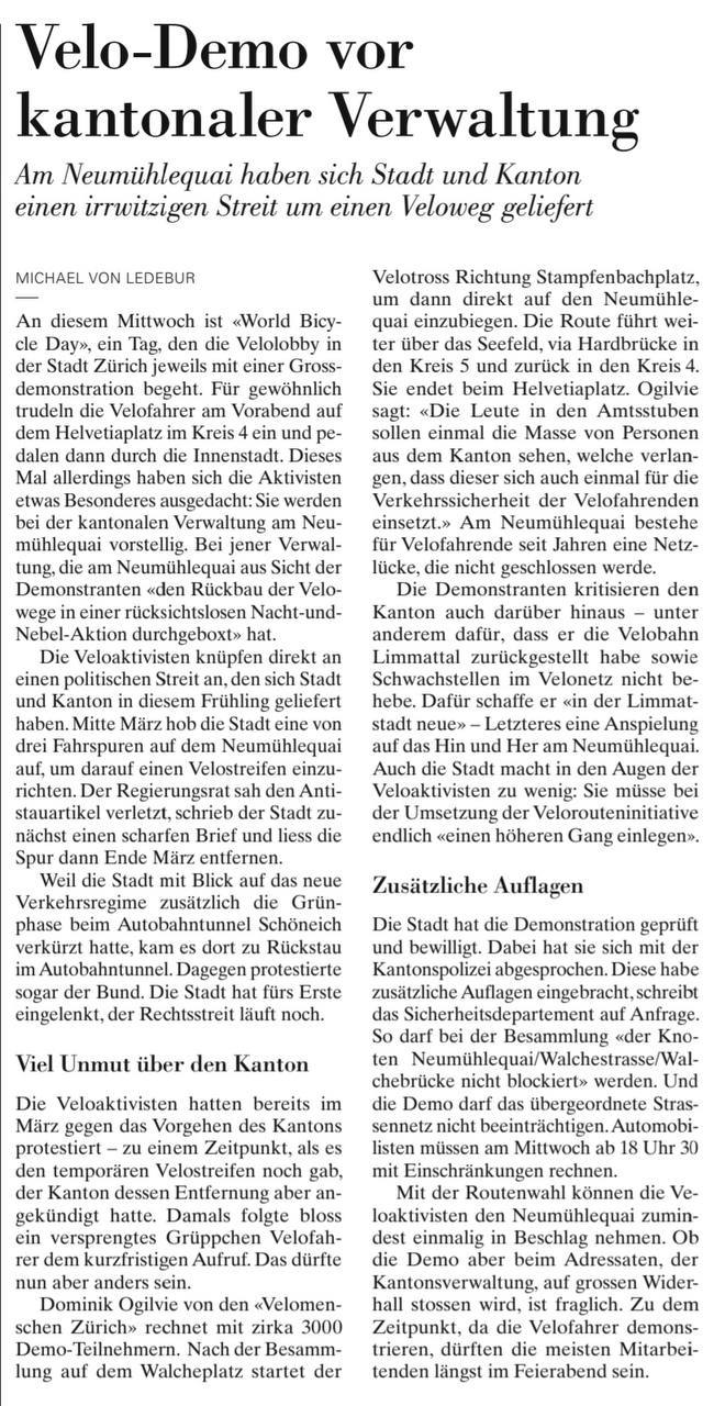 Stadt Zürich sperrt für Velodemo das Neumühlequai, NZZ vom 03.06.2026